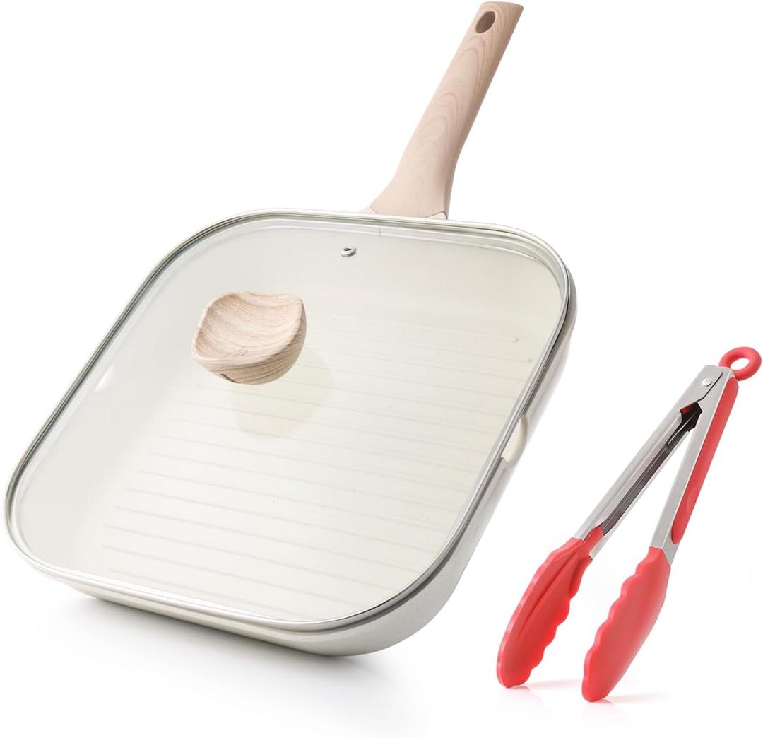Nonstick Grilling Pan with Lid for Stove Tops, 11 Inch Square Grill Pan for Indoor Cooking, Healthy Coating Grill Skillet with Pour Spouts, Versatile Griddle, Induction Steak Pan, White