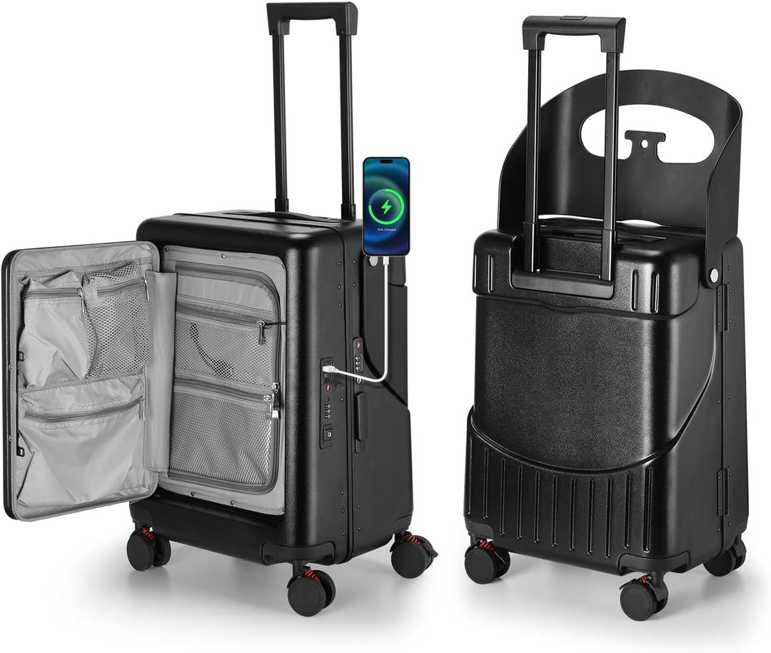 Ride On Luggage with Foldable Seat for Kids&Adults with Seat Belt,Hardshell Ride On Suitcase with Front Pocket,Lockable 4-Spinner Wheels,USB Port,TSA Lock, 20 inch, Black