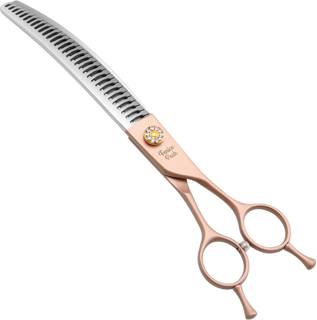Fenice Peak Professional Curved Chunker Dog Grooming Scissors 8.0'' Rose Gold Thinning Shears Extremely Sharp Blades 440C Stainless Steel Thinning Shears Durable Smooth Fine Cut for Dogs and Cats.