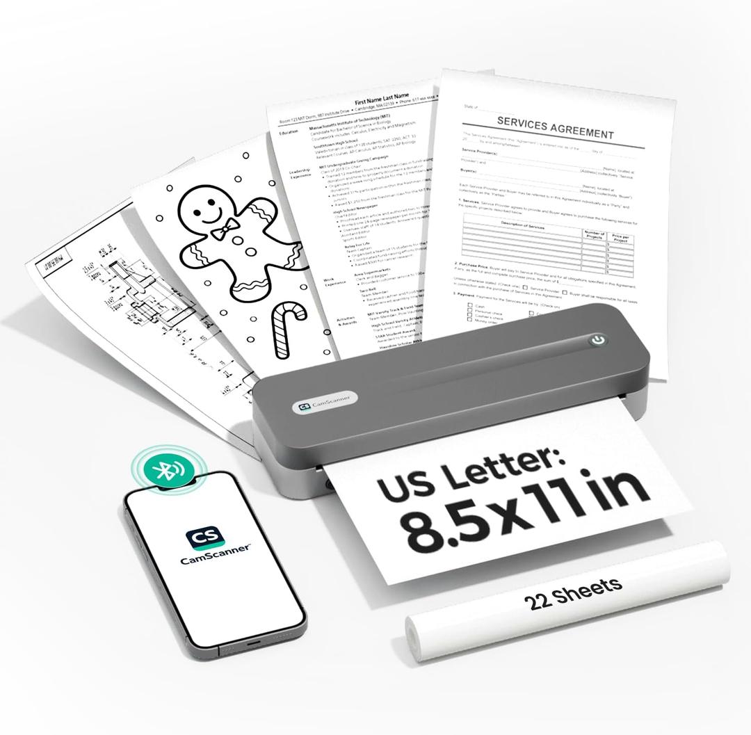 P1 Pro Thermal Printer, Large Format Portable Bluetooth Inkless Printer with 1 Roll Paper 8.5x11 Inch, Compatible with iPhone  Computer,Home Office Essentials