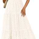 PRETTYGARDEN Womens 2025 Summer Maxi Dress Short Sleeve V Neck Hollow Out Eyelet A Line Long Flowy Beach Vacation Dresses (White, Large)