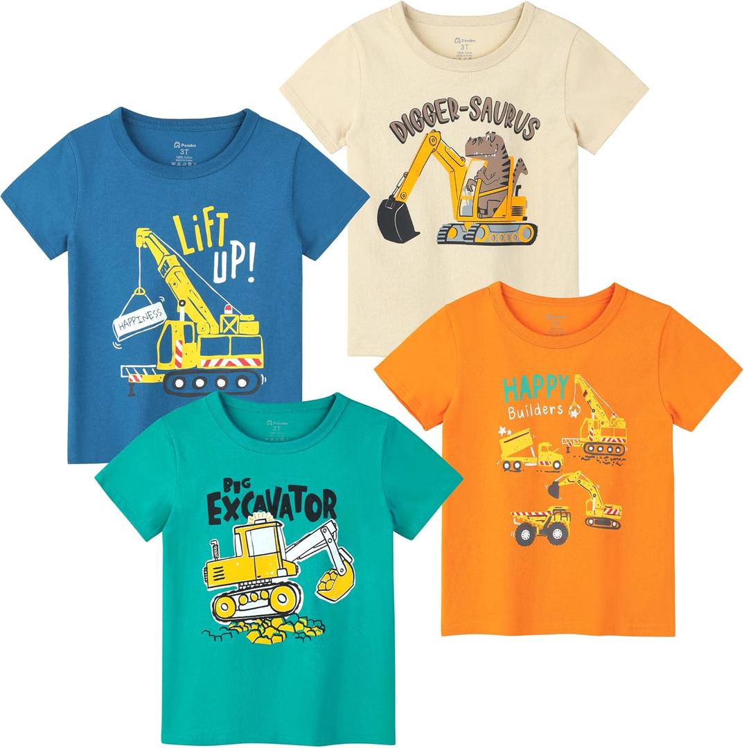 Poroka 4 Pack Toddler Boys Short Sleeve T-Shirts Summer Crewneck Tee Shirts Cotton Cartoon Graphic Tops Tees (Blue)