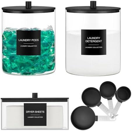 3 Pack Glass Jars and Acrylic Dryer Sheet Holder, Laundry Pods Container with Bamboo Lid and Measuring Cups for Laundry Room Organization, Powder Detergent Containers (Black)