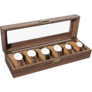 Uten Watch Box 6 Slots, Watch Case Organizer with Real Glass Lid, Wood Grain PU Leather Watch Display Storage Box with Removable Imitation Suede Watch Pillows, Metal Clasp