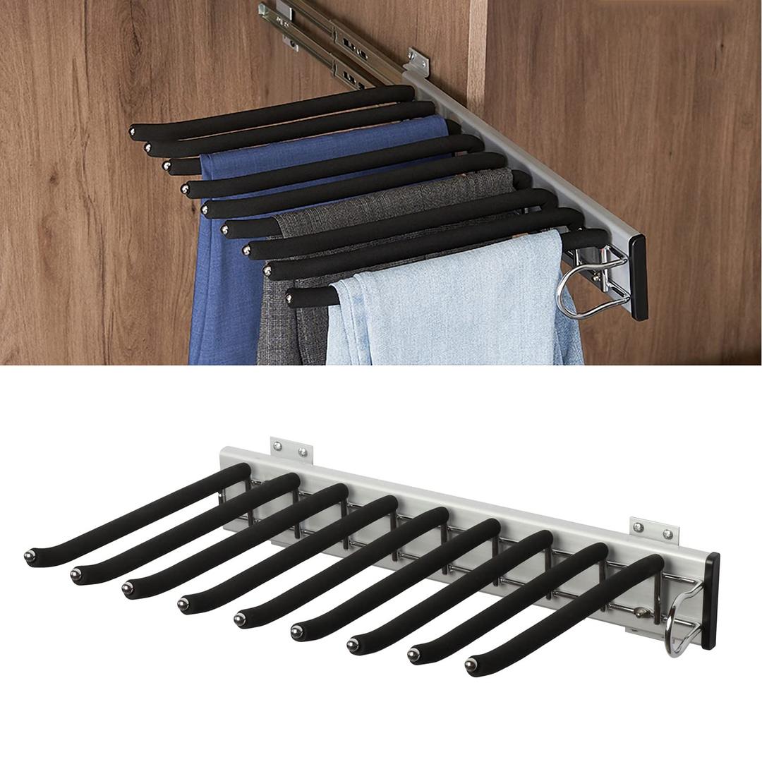 Trousers Rack 9 Arms Retractable Closet Pants Hanger Side Mounted Space Saving Trouser Hanger Rack, Right Side Installation  (Black)