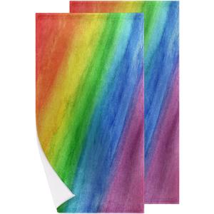 Bardic Rainbow Stripe Hand Towels Set of 2, Watercolor Rainbow Face Towel Highly Absorbent Ultra Soft Fingertip Bath Towel for Bathroom Home Sports Gym Decor