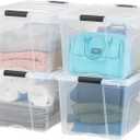 IRIS USA 72 Qt Stackable Plastic Storage Bins with Lids, 4 Pack - BPA-Free, Made in USA - See-Through Organizing Solution, Latches, Durable Nestable Containers, Secure Pull Handle - Clear (72 Qt. - 4 Pack)