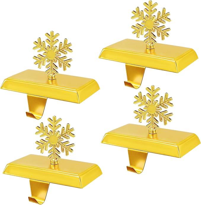 MNKXL Set of 4 Metal Christmas Stocking Holders for Mantle,Heavy Duty Weighted Stocking Holders for Mantle,Gold 3D Snowflake Stocking Holder for Tables Window Fireplace Christmas Decorations