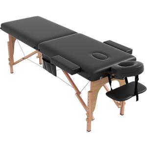 civama Massage Table Massage Bed Portable, 29 LBs Light Weight 2 Section Foldable Tattoo Bed Facial Care Spa Lash Bed Height Adjustable Sturdy Wooden Frame with Accessories Carrying Bag, Black, 1 Count