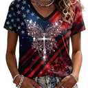 NOVEPT 250th Anniversary USA V-Neck Tee Shirt Butterfly Cross Rose All Over Print Patriotic Tee 4th of July Casual Top Clothing (Butterfly, L)