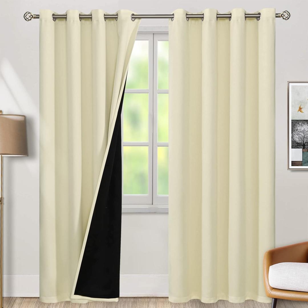 BGment Cream 100% Blackout Curtains for Bedroom 90 Inch Length 2 Panels Set, Thermal Insulated Full Light Blocking Grommet Noise Cancelling Window Curtains&Drapes with Black Liner, 46 Inch Wide Each