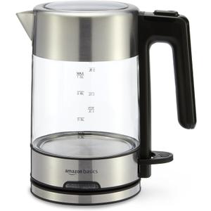 Amazon Basics Electric Kettle with Glass Carafe for Tea and Coffee, BPA-Free, Fast Boiling, Auto Shut-Off, 1 Liter, 1500W, Glass and Steel