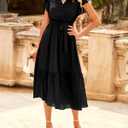 BTFBM Women Summer Bohemian Floral Casual Wrap V Neck Ruffle Cap Sleeveless Belt A-Line Pleated Hem Swing Midi Sun Dress (Solid Black, Small)