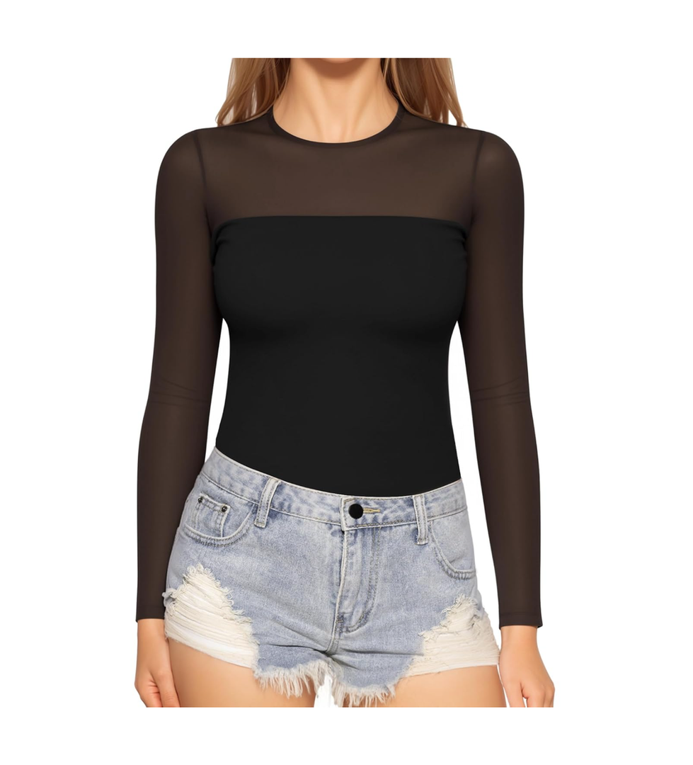 MANGOPOP Sheer Long Sleeve Shirts for Women Crew Neck Fitted Mesh Tops Trendy Going Out Fall Fashion Tee Tops 2025, XXL
