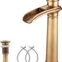 Antique Brass Bathroom Faucet GGStudy Single Handle One Hole Farmhouse Waterfall Bathroom Vessel Sink Faucet Matching with Pop Up Drain