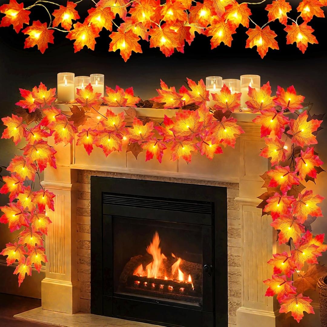 4 Pack Thanksgiving Decorations Fall Garland with Lights Fall Decorations for Home, Total 40 Ft 80 LED Maples Leaves Lighted Thanksgiving Garland Battery Operated Autumn Decor Indoor Outdoor Christmas