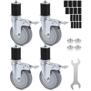 ERKOON 4 Inch Prep Table Caster Wheels Set, 4 Heavy Duty Expanding Stem Casters Fit 7/8", 1", 1-1/2", 1-5/8" Tube Leg with Brake for Stainless Steel Table, Cart, Furniture Legs, Kitchen Workbench