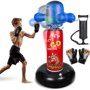 Punching Bag for Kids with 360 Rotating Head, Hyperzoo 63" Heavy-Duty Inflatable Boxing Bag with Gloves & Pump, Freestanding Punching Bag Toy for Boys & Girls Ages 512  Great
