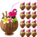 Taiyin 50 Pcs Hawaiian Coconut Cups with Flamingo Straws for Luau Party, 9.5 inches