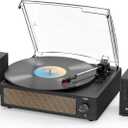 Record Player with Passive Bookshelf Speakers Belt-Drive Vintage Turntable for Vinyl Records External Dual Stereo Speakers LP Players 3 Speed Wireless AUX Headphone Input Auto Stop Retro Black Wooden