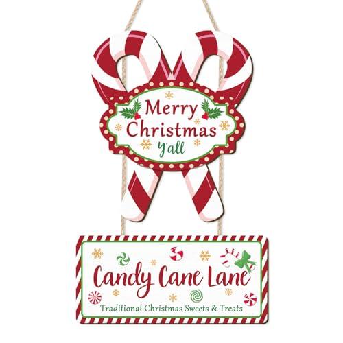 CHDITB Merry Christmas Y'all Front Door Sign Wreath(12"x19"), Wooden Candy Cane Lane Christmas Winter Decoration Wall Hanging, Rustic Red Green Xmas Welcome Decor for Porch Party Outdoor