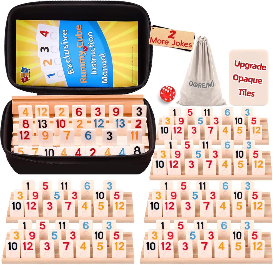 Doreimi Upgraded Rummy Cube Game Set 6 Plays with 6 Wooden Holders and 162 Rummy Tiles, Travel and Family Board Game for Adults and Kids Age 8+,Birthday Gifts for Women Men Dad Mom