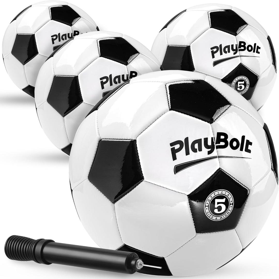 PlayBolt Soccer Ball Size 5 with Pump - Black & White Training Practice & Match Ball for Kids, Youth and Adults (Pack of 1 or 4)