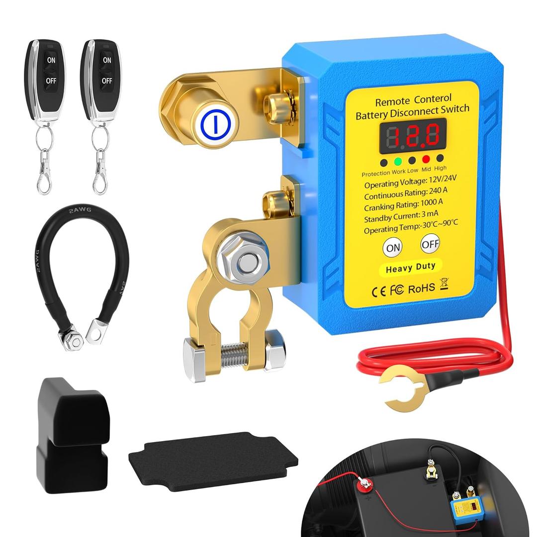 Joinfworld Kill Switch for Car 12V 240A Remote Battery Disconnect Switch with Led Voltage Display Car Kill Switch Anti-Theft Automatic Shut Off Switch for with Relay Fobs for Auto Truck Boat