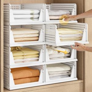 Pinkpum 5 Pack Stackable Plastic Storage Closet Organizers and Storage Bins Drawer Shelf Storage Container for Wardrobe Cupboard Kitchen Bathroom Office White