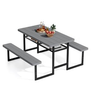 VINGLI 4.5FT Outdoor Picnic Table with Storage Shelf & Umbrella Hole, All Weather Metal Frame HDPE Tabletop Plastic Picnic Table for Dining Party Garden(Grey)