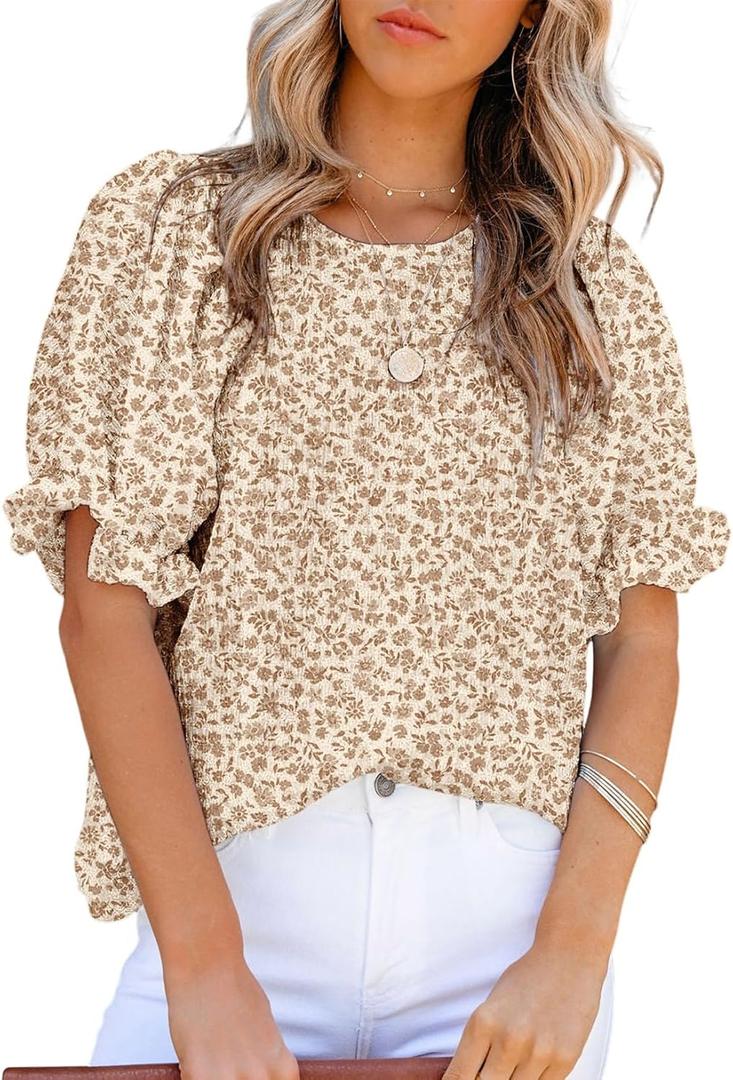 Dokotoo Floral Print Blouses for Women Crewneck Smocked Puff Sleeve Shirts Casual Babydoll Tops (Beige, M)