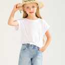 Girls Crop Top Trendy Summer Tees Casual Short Sleeve Cute Blouse White T Shirts for Kids 6-15 Years (White)
