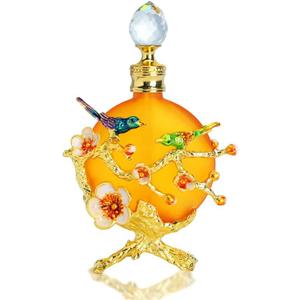 40ml Fancy Empty Glass Perfume Bottles Vintage Hummingbird Flower Decorative Refillable Crystal Perfume Bottle Containers (Yellow)