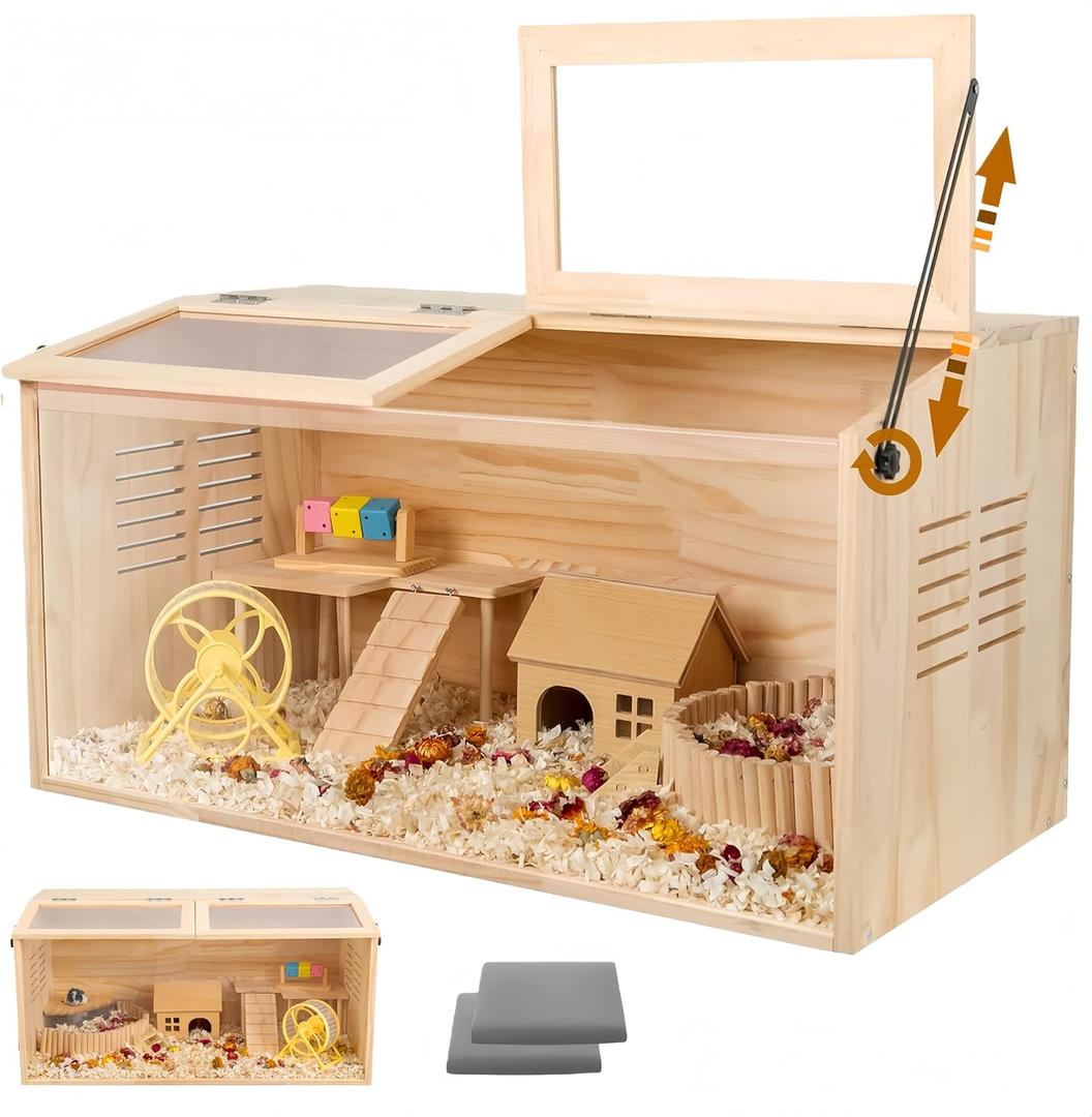Wooden Hamster Cage,40" L x 20" W x 20" H Animal Cabinet for Dwarf Syrian Hamsters Degus, Hamster Habitat with Openable Top and Large Acrylic Sheets.