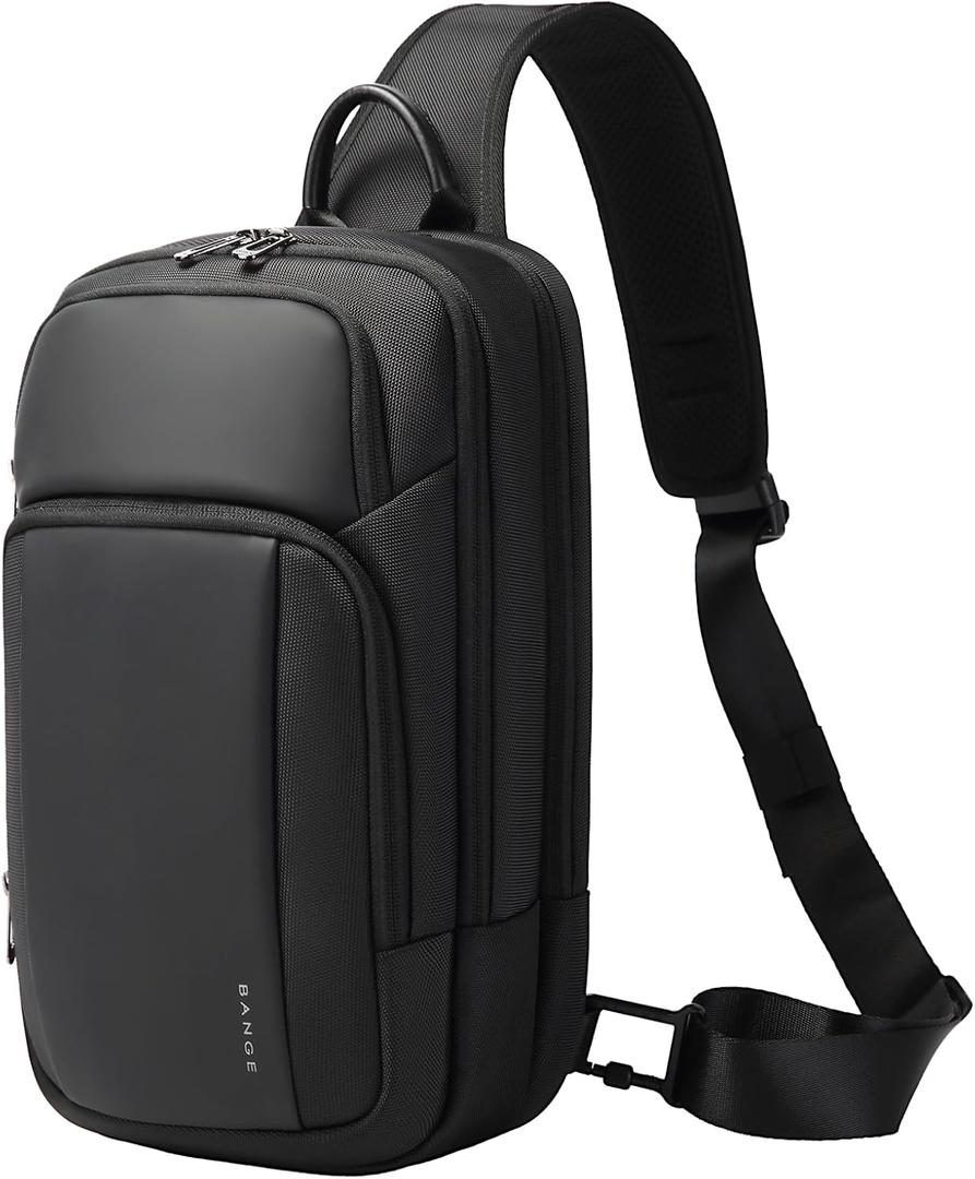 BANGE Sling Bag, Waterproof Shoulder bags with Pad Compartment, Crossbody Backpack for Men (Black)