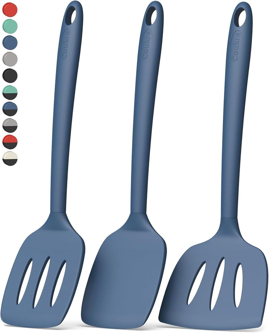 Coukre 3 Pack Silicone Spatula Set, High Heat Resistant, BPA-Free, Fish Spatula, Solid & Slotted Turner for Non-Stick Pans, Flipping Eggs, Pancakes, Fish, Burgers (3, PureDarkBlue)