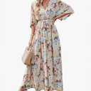 ANRABESS Women’s Summer Loose Boho Flowy Wrap V Neck 3/4 Sleeve Floral Print Slit Beach Wedding Guest Long Maxi Dresses Size XL