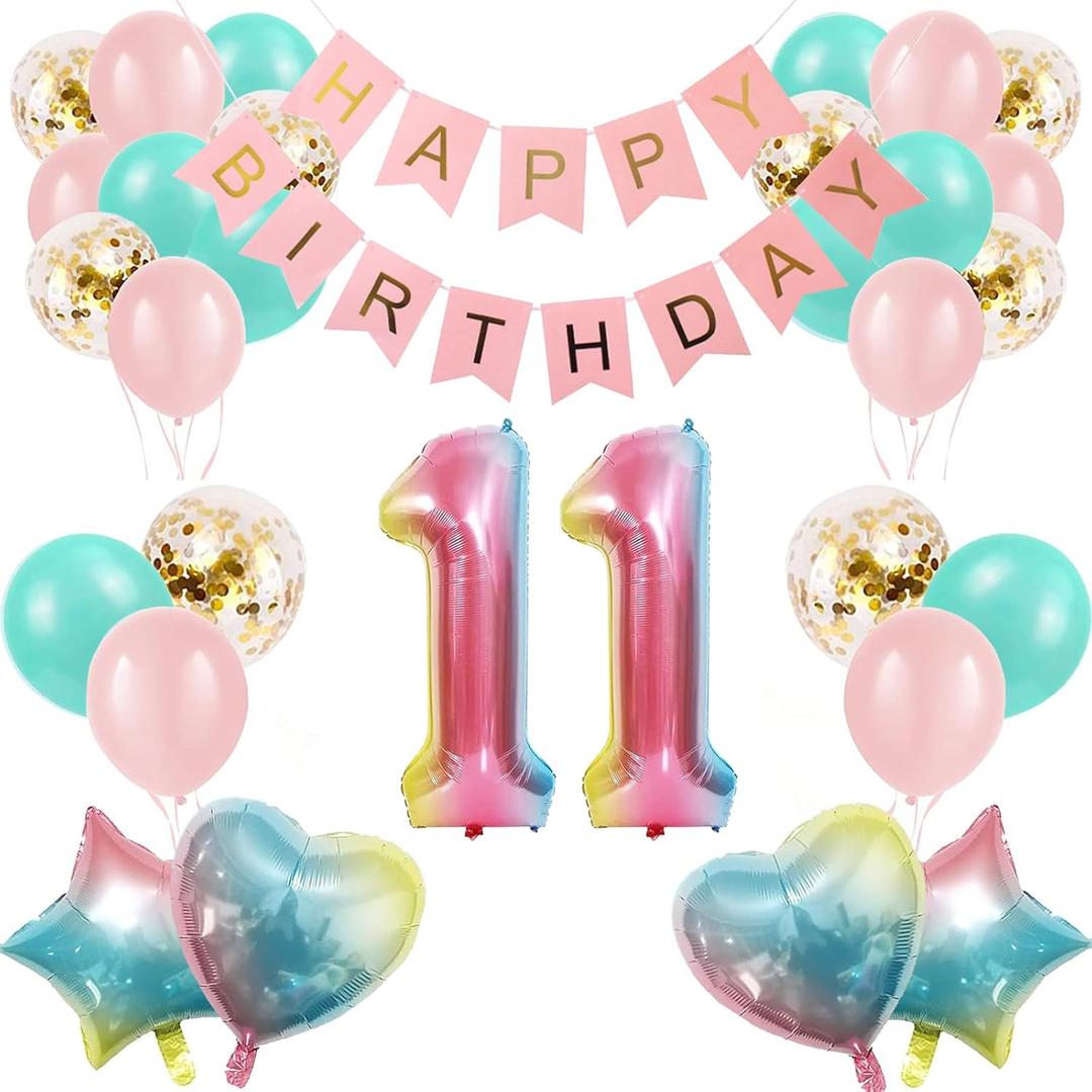11th Birthday Decorations for Girls Gradient Color Age 11 Birthday Balloons with Happy Birthday Banner for Baby Showers Eleventh Birthday Party Supplies for Girls Boys (11th-Birthday)