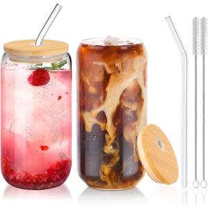Glass Cups with Lids and Straws 2Pcs,Cute Glass Cups for Iced Coffee Smoothies Whiskey Matcha Mojito Soda, 16 Oz,2 Brush