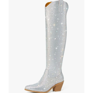 Rollda Rhinestone Cowboy Boots Sparkly Over the Knee Cowgirl Boots Pointed Toe Knee High Boots with Chunky Heel Thigh High Boots 9.5
