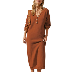 Cutiefox Women's Fall Winter Sweater Long Dress Button V Neck Batwing Long Sleeve Oversized Waffle Knit Dresses, Size XL
