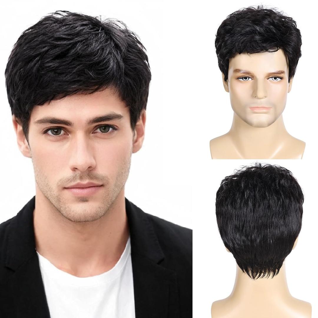 DDHAIR Mens Wigs Short Black Wigs for Men Natural Curly Layered Synthetic Full Hair Replacement Wig for Male Daily Wear Party Cosplay Halloween Costume（6inch, Black）