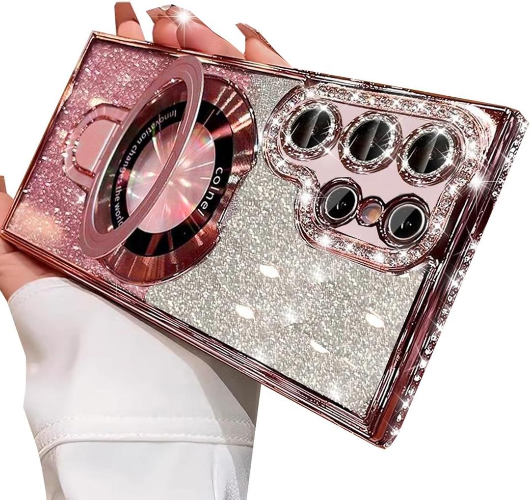 Changjia for Samsung Galaxy S26 Ultra Magnetic Glitter Case with Ring Stand,[Compatible with Magsafe] Bling Sparkly Diamonds with Camera Protector &Kickstand Women Girls Case for Galaxy S26 Ultra,Pink