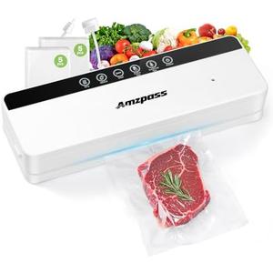 Amzpass Vacuum Sealer for Food, 6-in-1 Food Vacuum Sealer Machine, 80kpa Suction Power Food Sealer Vacuum Sealer, Compact Vacuum Sealers with 10 Vacuum Bags, External VAC for Jars & Containers, White