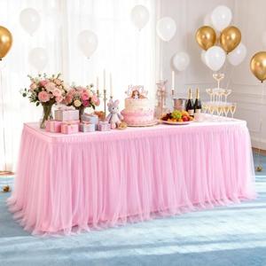 THARAHT Tulle Table Skirt 6FT 180CM Long for Rectangle Tables Round Tables Ruffle Desk Skirt for Princess Girls Birthday Party Cake Dessert Decorations Table Skirt (Pink)