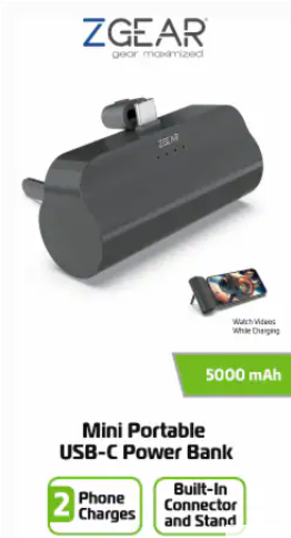 ZGEAR Mini Portable Charger, USB-C Power Bank Build In Stand 5000 mAh