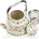 Jucoan 1.8 Quart Vintage Enamel Stovetop Tea Kettle, Retro Green Floral Enamel on Steel Teapot with Removable Infuser for Camping, Gift for Wedding Housewarming Easter