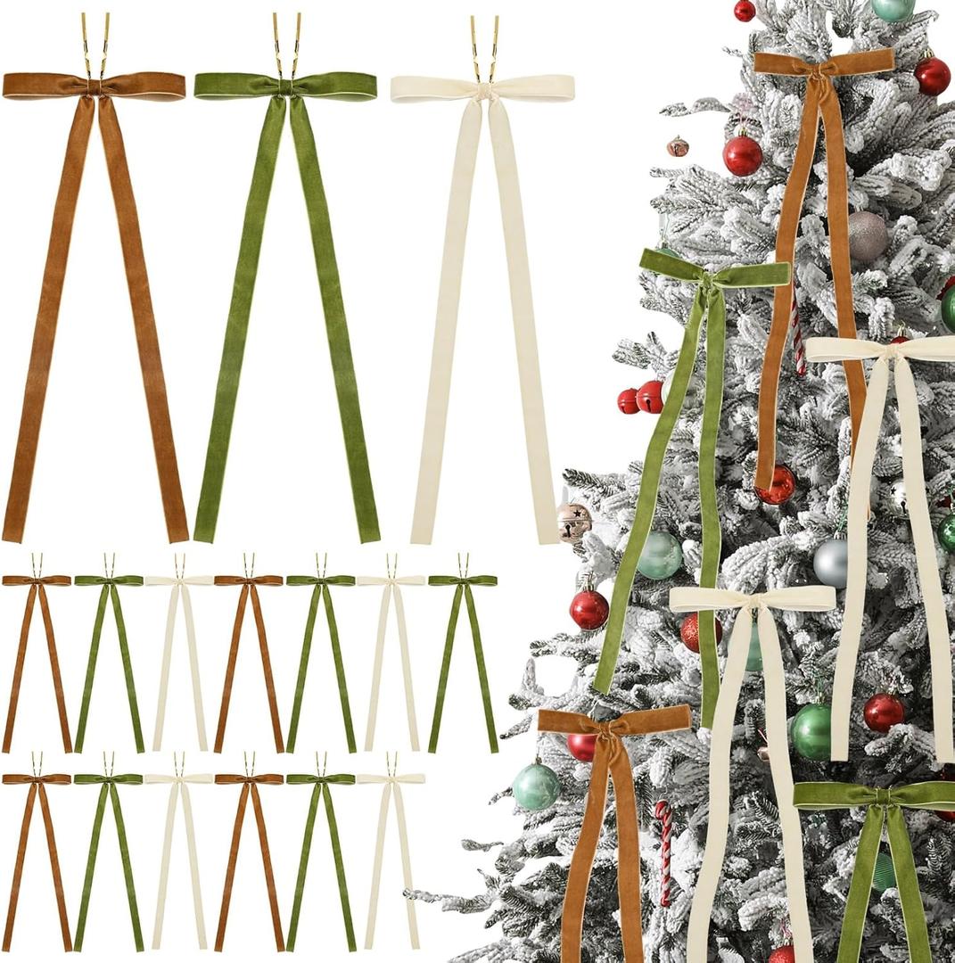 36 Pcs Large Velvet Bows for Christmas Tree 6 X16'', 3/4'' Wide Brown Green Cream Velvet Christmas Bow Ribbon Neutral Xmas Tree Ornament for Holiday Home Decor Wreath Door Garland Rustic Crafts