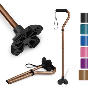 KINGGEAR F1 Walking Stick, Walking Cane for Women & Men, Self Standing Walkers for Seniors with Wrist Strap, Lightweight & Sturdy Offset EVA Handle and Large Quad Base (Bronze)
