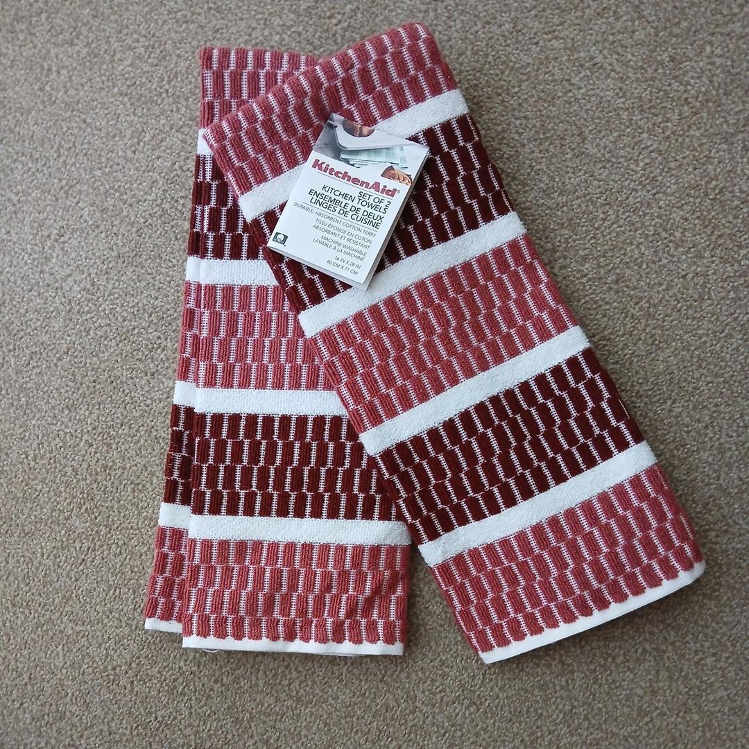 KITCHENAID Chambray Stripe Kitchen Towels 2-Pack, Absorbent 100% Woven Cotton, Passion Red/White, 16”x28”